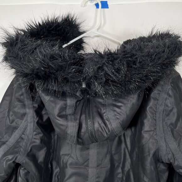 BCBG MAXAZRIA Barrett Quilted Full Zip Jacket Womens Large Black Faux Fur Hood - Picture 13 of 14